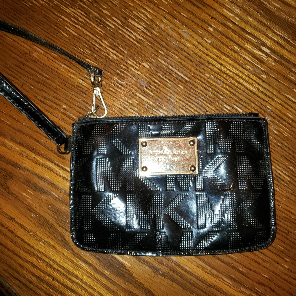 Michael Kors Glossy Black Wristlet with Gold Logo